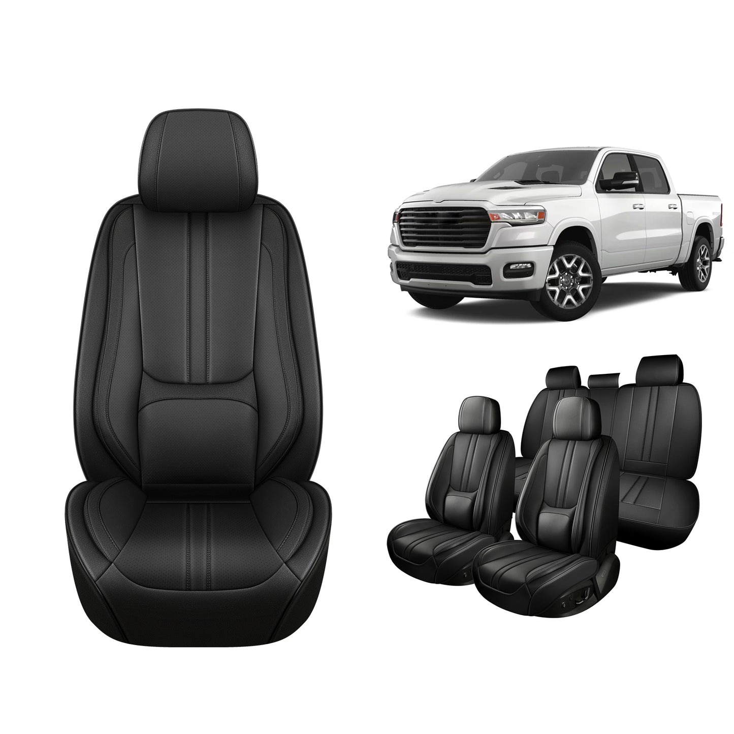 Faifani Car Seat Covers For RAM 1500/2500/3500 2009-2024, Waterproof Nappa Leather Auto Seat Protectors with Lumbar Support, Luxury Automotive Interior Accessories
