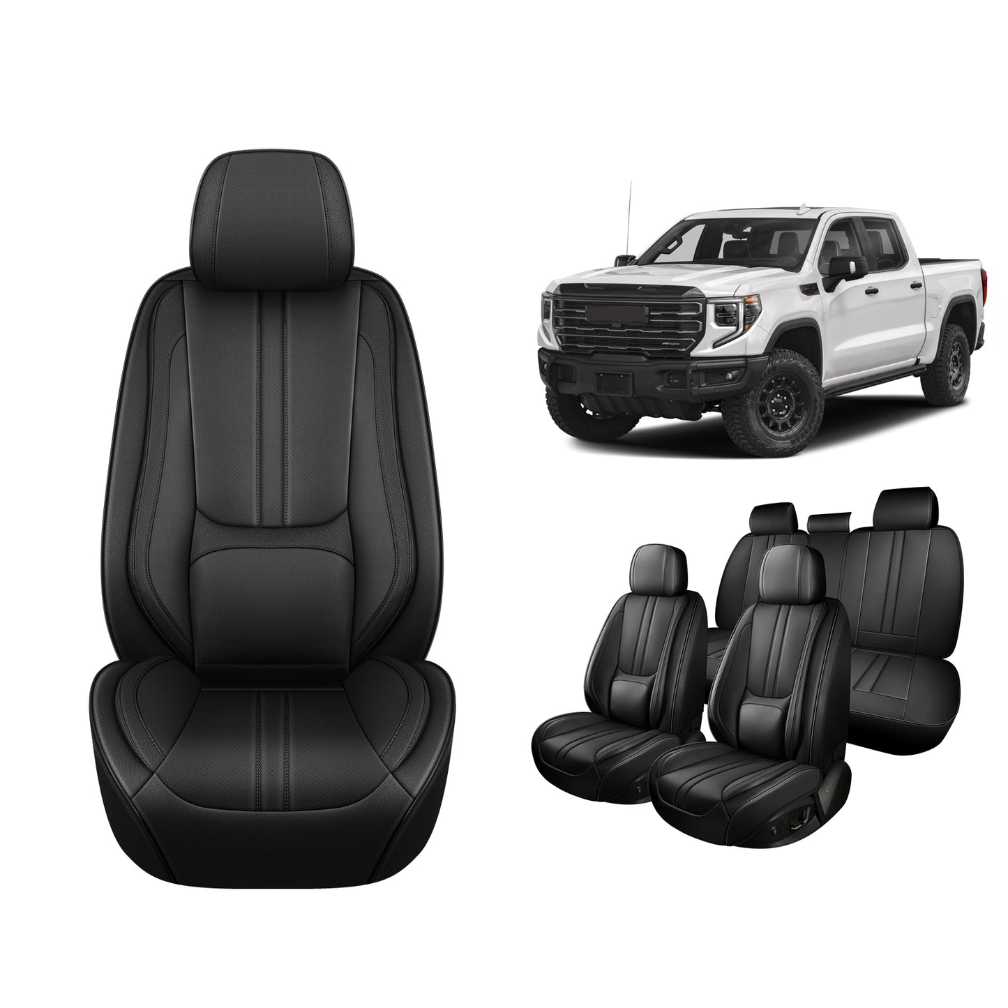 Faifani Car Seat Covers For GMC Sierra 2007-2024 2025, Waterproof Nappa Leather Auto Seat Protectors with Lumbar Support, Luxury Automotive Interior Accessories